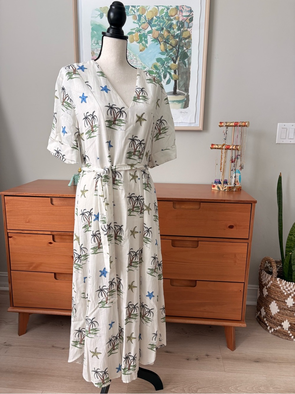 Zara Cream Midi Dress with Tropical Palm & Blue Star Print